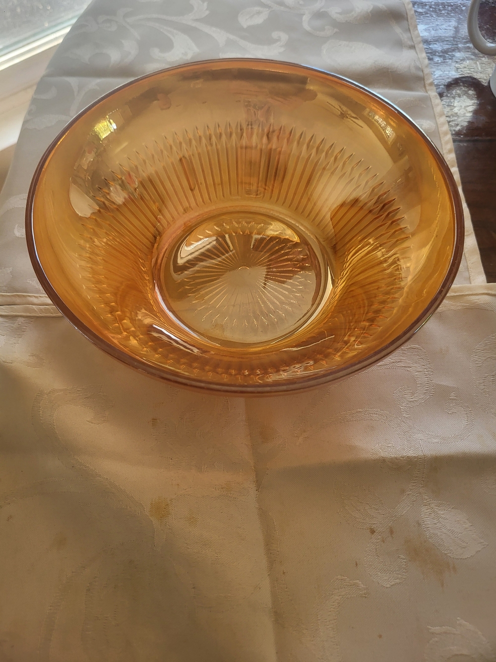 Vintage Orange Lustre Marigold Iridescent Carnival Glass Bowl Sunburst, 9"
